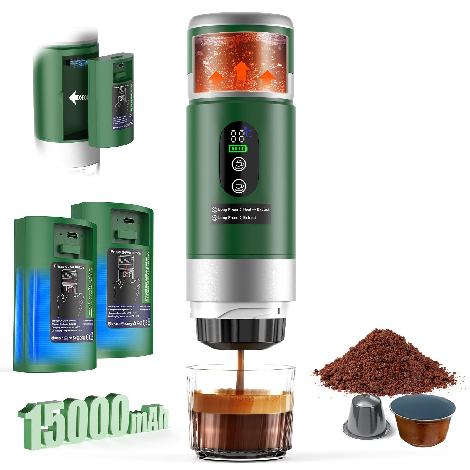 Zordin Portable Espresso Machine with Removeable Battery, 20 bar Mini Travel Coffee maker, Expresso Maker with USB-C,3-in-1 Car Coffee Maker Self-Heating, Ground Coffee & Capsule(Ns&DG)