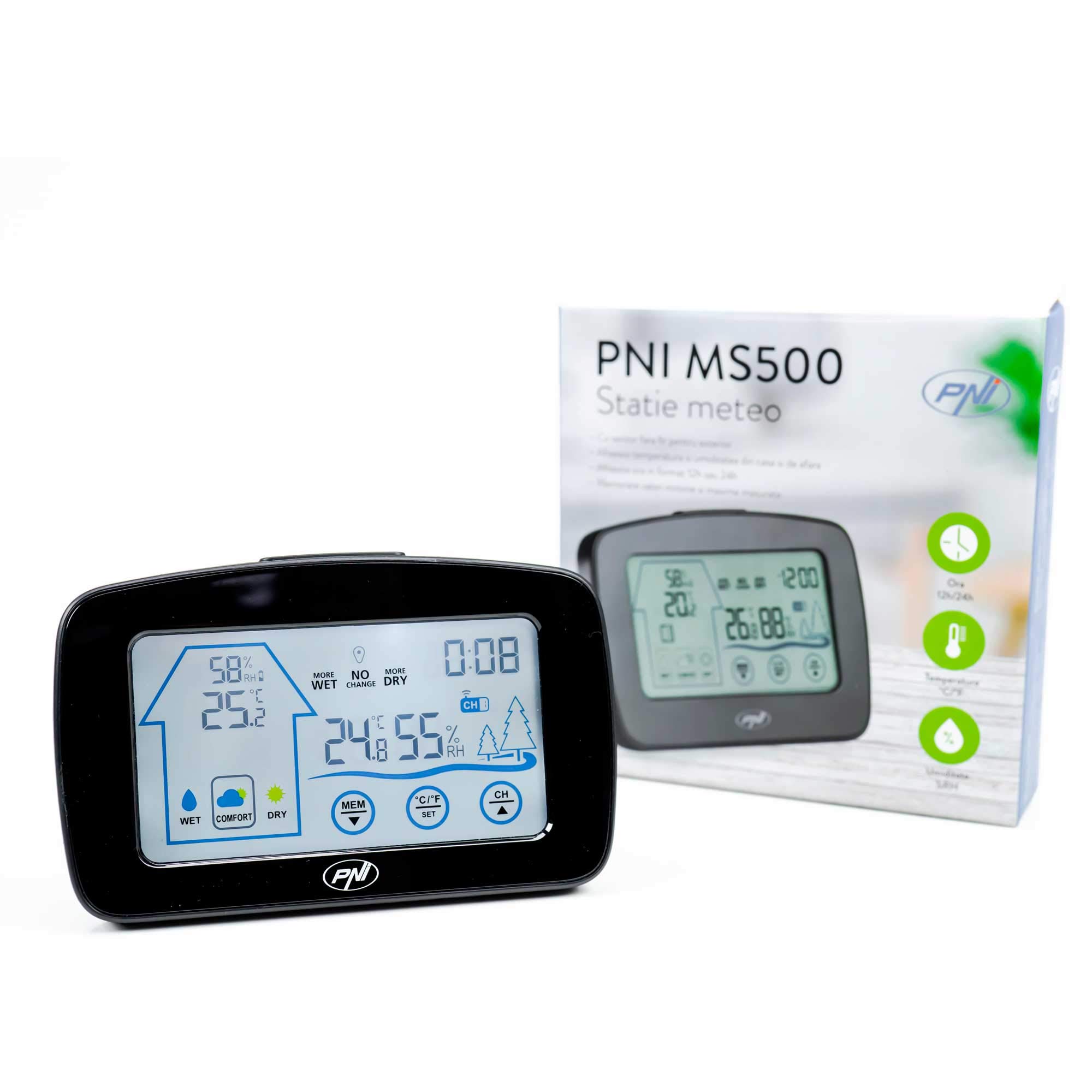 PNI MS500 Weather Station with Wireless External Sensor, Displays Indoor and Outdoor Temperature and Humidity and Memory for Minimum and Maximum Climate Values