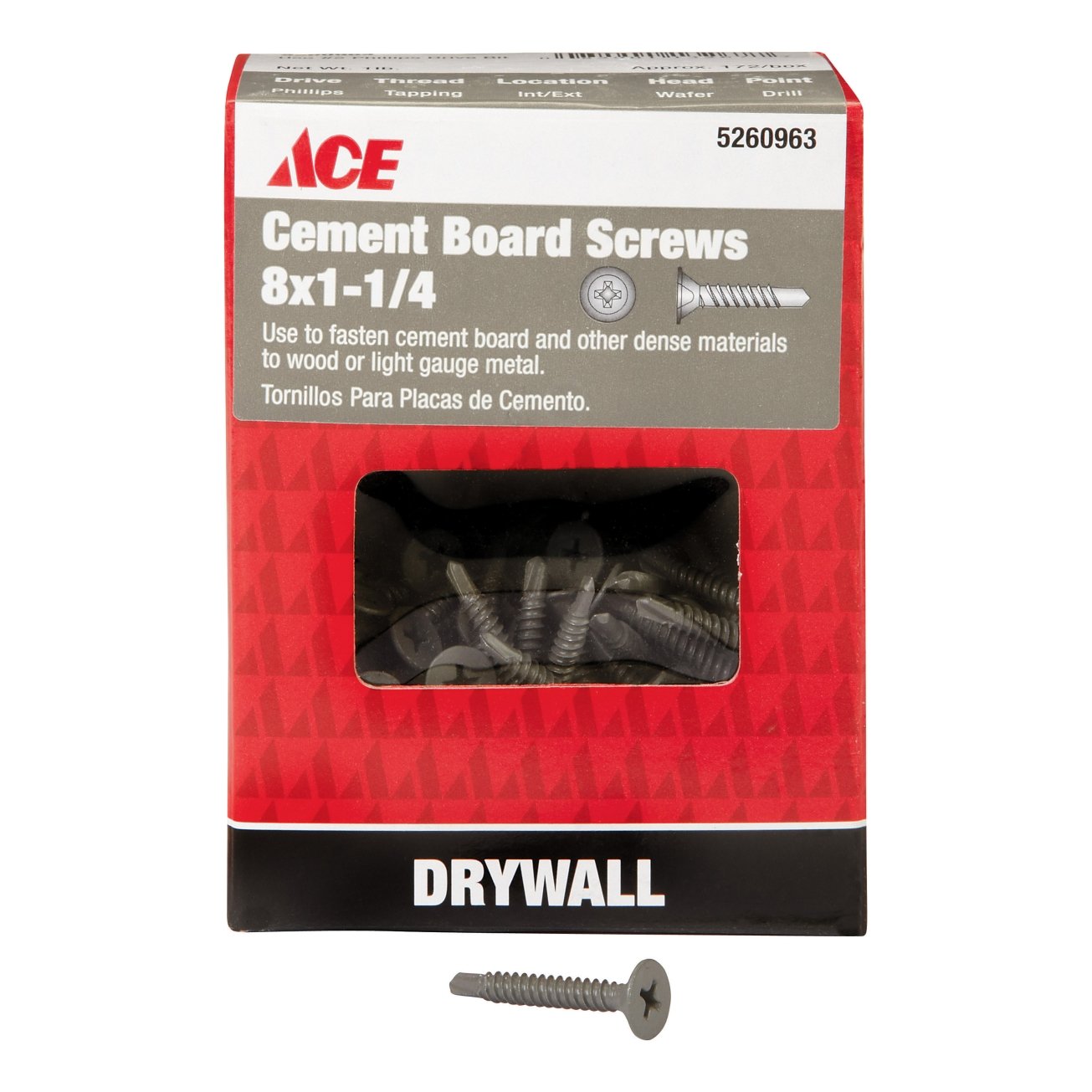 ACE DRYWALL SCREWS 46041ACE Cement Board Screw, Wafer Head 8 x 15/8" Sheetrock Screws