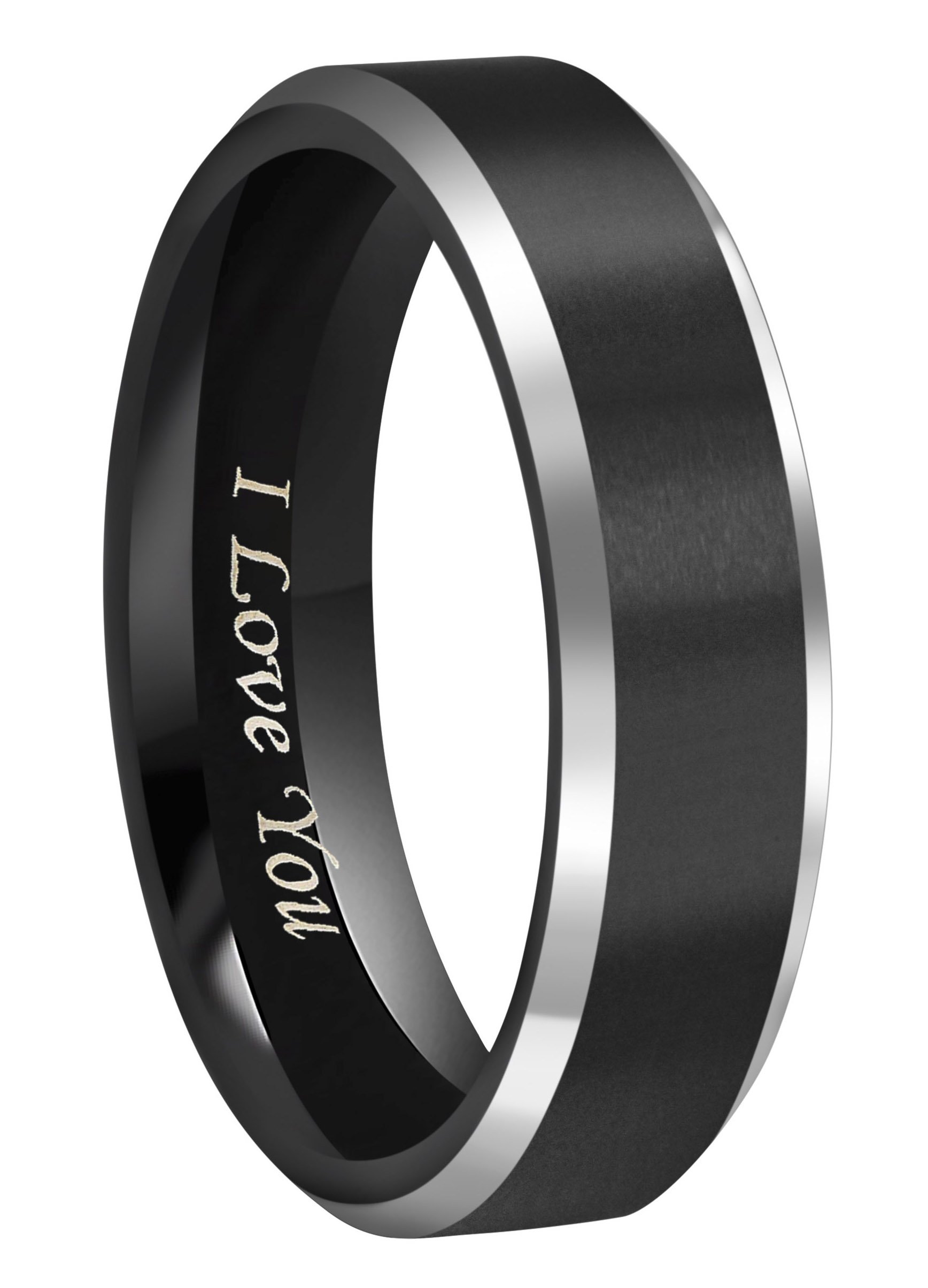 CROWNAL Anillos de boda de tungsteno negro de 0.236 in para hombres y mujeres, bordes biselados pulidos, acabado cepillado mate, grabado I Love You, tamaño 3,5 a 17 (0.236 in, 9,5)