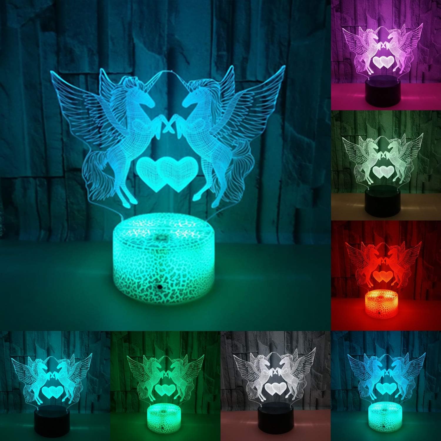 Julitech 3D Visual Night Lamp, Creative LED 3W Night Lights for Kids, Unicorn Lovers with Crack Base 7 Colors Touch Switch Control