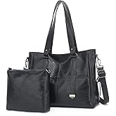 myfriday 2Pcs Soft Tote Handbags for Women Set, Vegan Leather Slouchy Shoulder Handbag Top Handle Satchel Purse