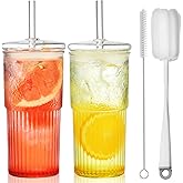 ALINK Glass Cups with Lids and Straws, 22 oz High Borosilicate Clear Iced Coffee Glass Tumblers, Drinking Glass Smoothie Tea Water Cups, Pack of 2 with Cleaning Brush