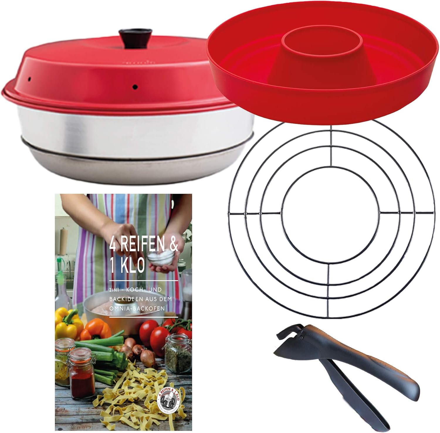 4 Reifen 1 Klo Omnia Backofen 5-teiliges Spar-Set | Backofen + Silikon-Backform 2.0 + 2in1 Koch- und Backideen + Aufbackgitter + Haltezange