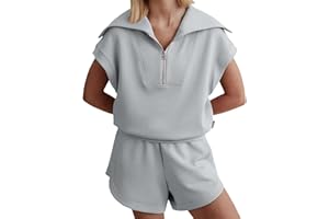 Meladyan Women Two Piece Outfits Tracksuit Half Zip Lapel Cap Sleeve Sweatshirt High Waist Drawstring Shorts Set Sweatsuit