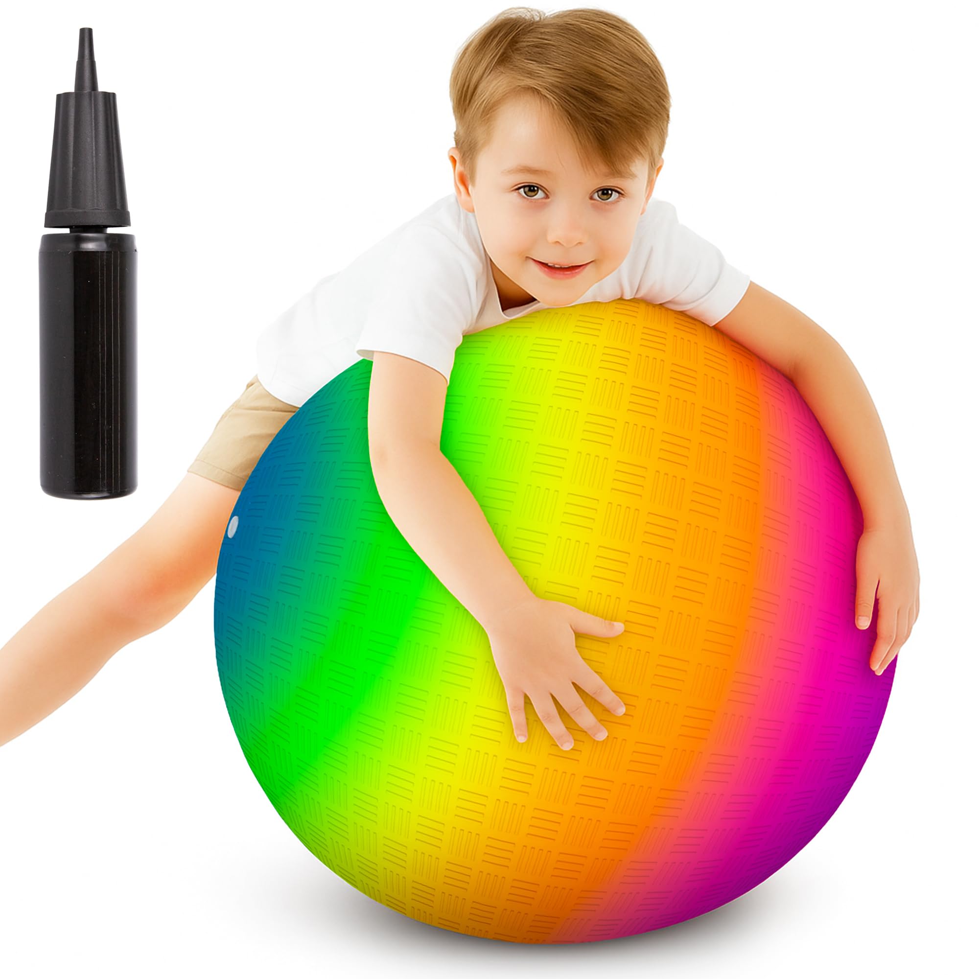 Photo 1 of ArtCreativity Rainbow Playground Ball for Kids with Hand Pump, Bouncy 18 Inch Rubber Kick Ball for Backyard, Park & Beach Outdoor Fun, Beautiful Rainbow Colors, Durable Outdoor Toys for Boys & Girls