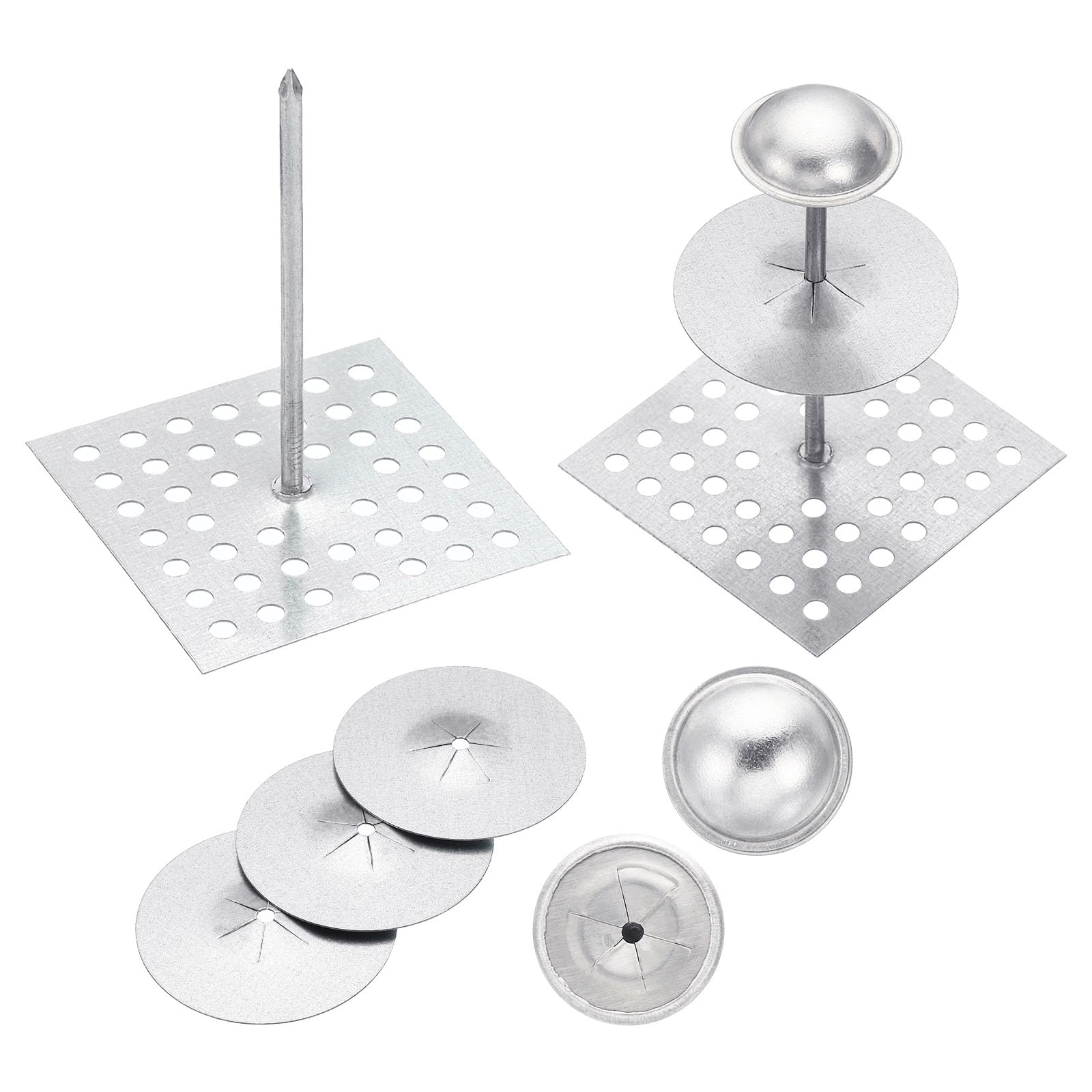 YOKIVE 100 Set Insulation Pins, Self Locking Washers Round | Insulation Hangers, Great for Gypsum, Board, Wall, Floor, and Ceiling Insulation(Silver, 5cm x 5cm)