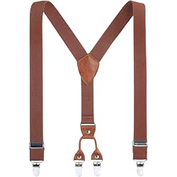 Kids & Adults Suspenders - Brown Leather Y-Back, Adjustable, Metal Clips (24 Inch For 3-6 Years)