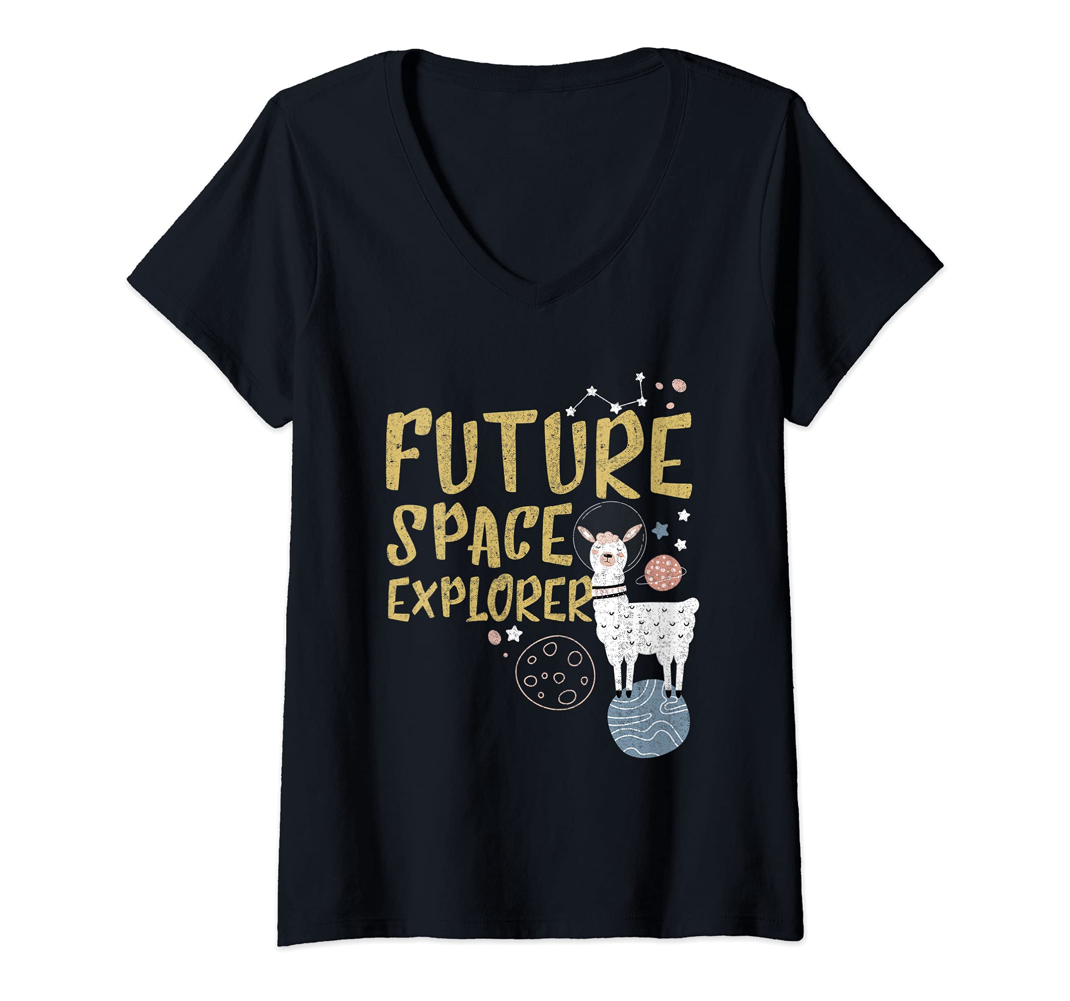 Womens Future Space Explorer Llama Astronaut Fun Cute V-Neck T-Shirt
