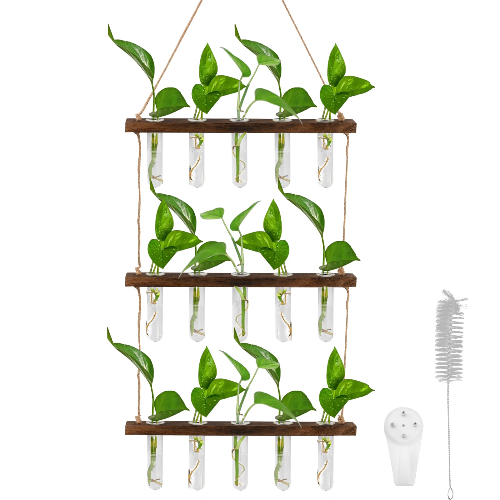 volumoon 3 Tiered Wall Hanging Test Tube Vase, 15 Tubes, Plant Terrarium with Wooden Stand, Glass Planter Propagation Station for Hydroponic Plants Flowers, Home Garden Indoor Decor