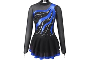 TSSOE Kids Girls Long Sleeve Sequins Printing Ice Roller Figure Skating Dress Illusion Ballet Dancewear