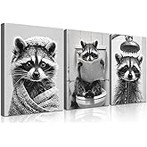 3Pcs Raccoon Bathroom Wall Art Funny Bathroom Wall Decor Black White Animal Poster Funny Raccoon on Toilet Reading Newspaper Canvas Prints Painting Picture for Bath Restroom 12X16 inch Framed