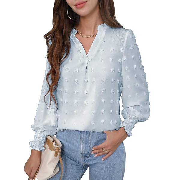 FWAY WOMENS TOPS DRESSY CASUAL V NECK DOT LONG SLEEVE WORK SHIRTS CHIFFON BLOUSES FASHION 2023 TUNIC SHIRT LIGHT BLUE