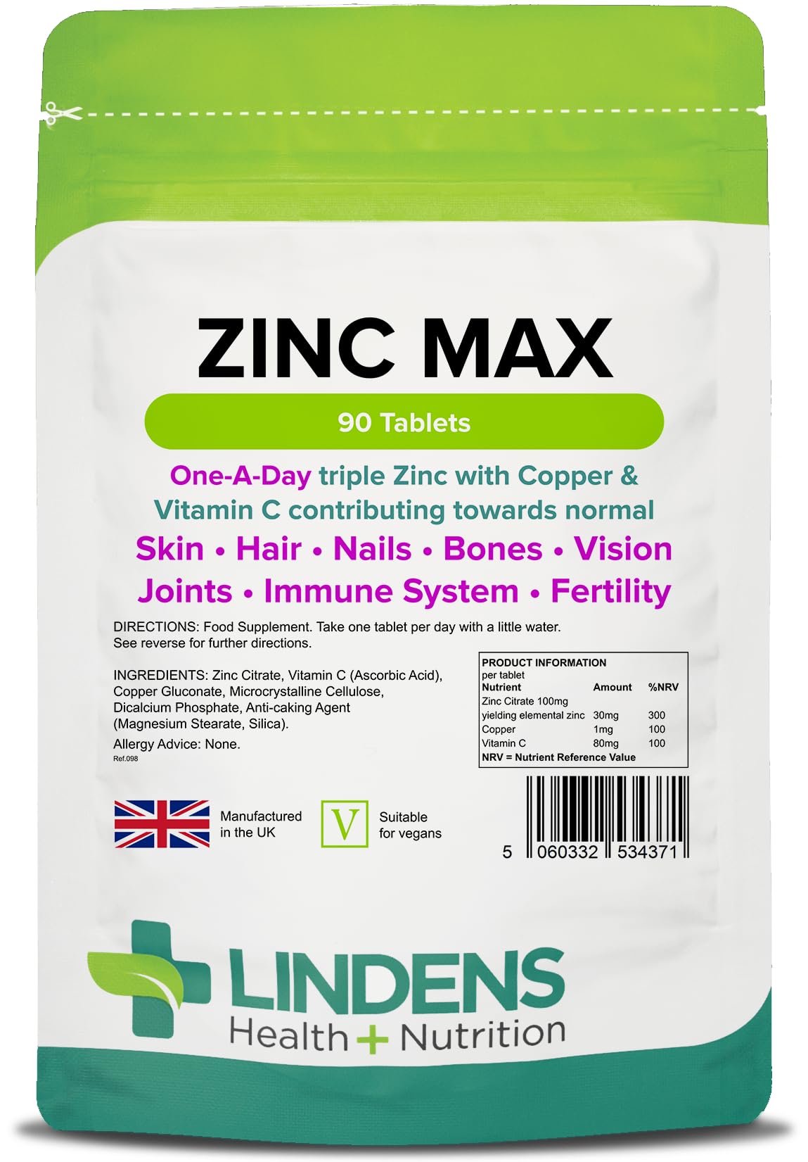 Lindens Zinc Max Tablets - 90 Pack - Provides 300% Nrv Dose, Fortified with Vitamin C & Copper to Contribute Towards Healthy Hair, Skin, Nails, Vision & Hormone Balance - UK Made, Letterbox Friendly