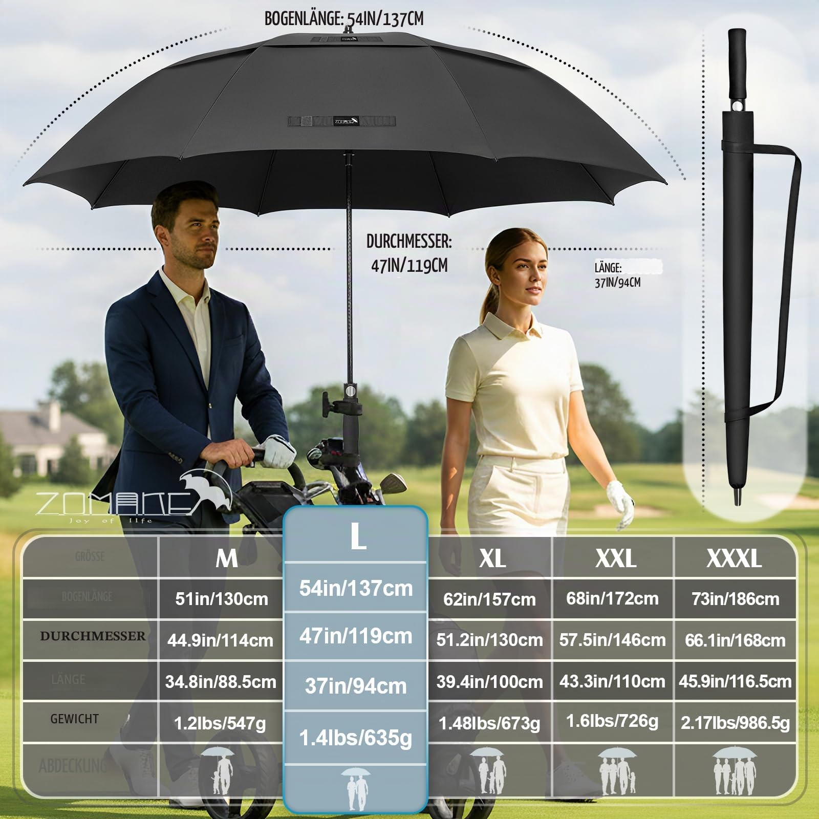 ZOMAKE Regenschirm Groß Sturmfest L - Großer Golf-Regenschirm, Windsicher & Stabil, Automatik Großer Schirm, Herren & Damen, 2 Personen, Outdoor & Reise(Schwarz) 8