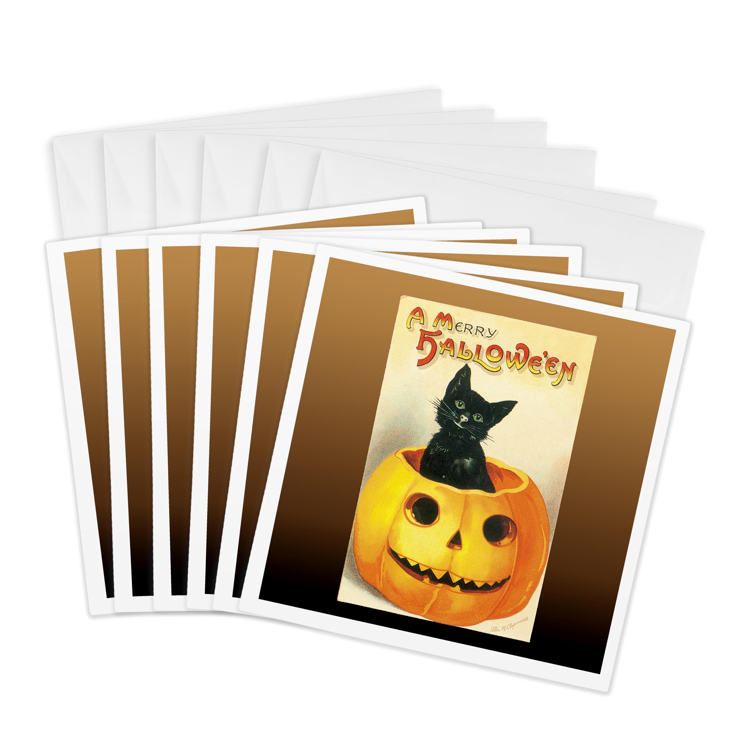 3dRose gc_126074_1 6 x 6-Inch"Vintage a Merry Halloween with a Black Cat Sitting in a Jack O Lantern Pumpkin" Greeting Card (Pack of 6)
