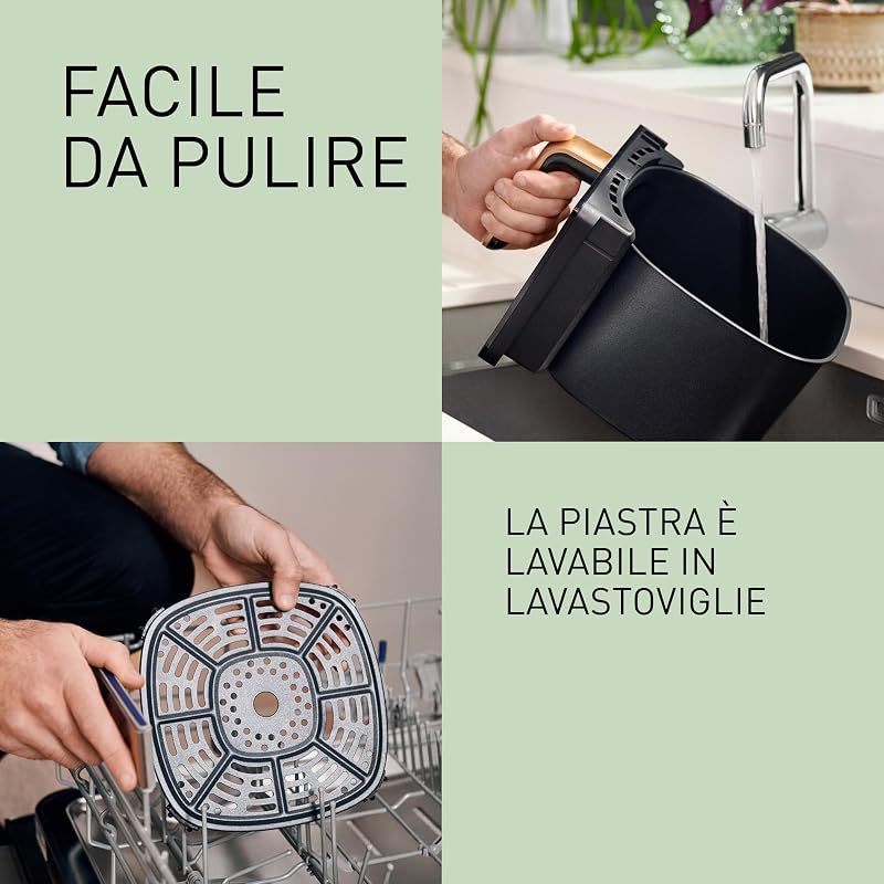 NF-CC600AXE Friggitrice ad Aria con Finestra trasparente resistente, 6L, 80-200°C, Timer Digitale e LCD, Vapore Delicato, 11 Programmi, Facile Pulizia, Maniglia Nero/Blu Scuro e Oro Rosa