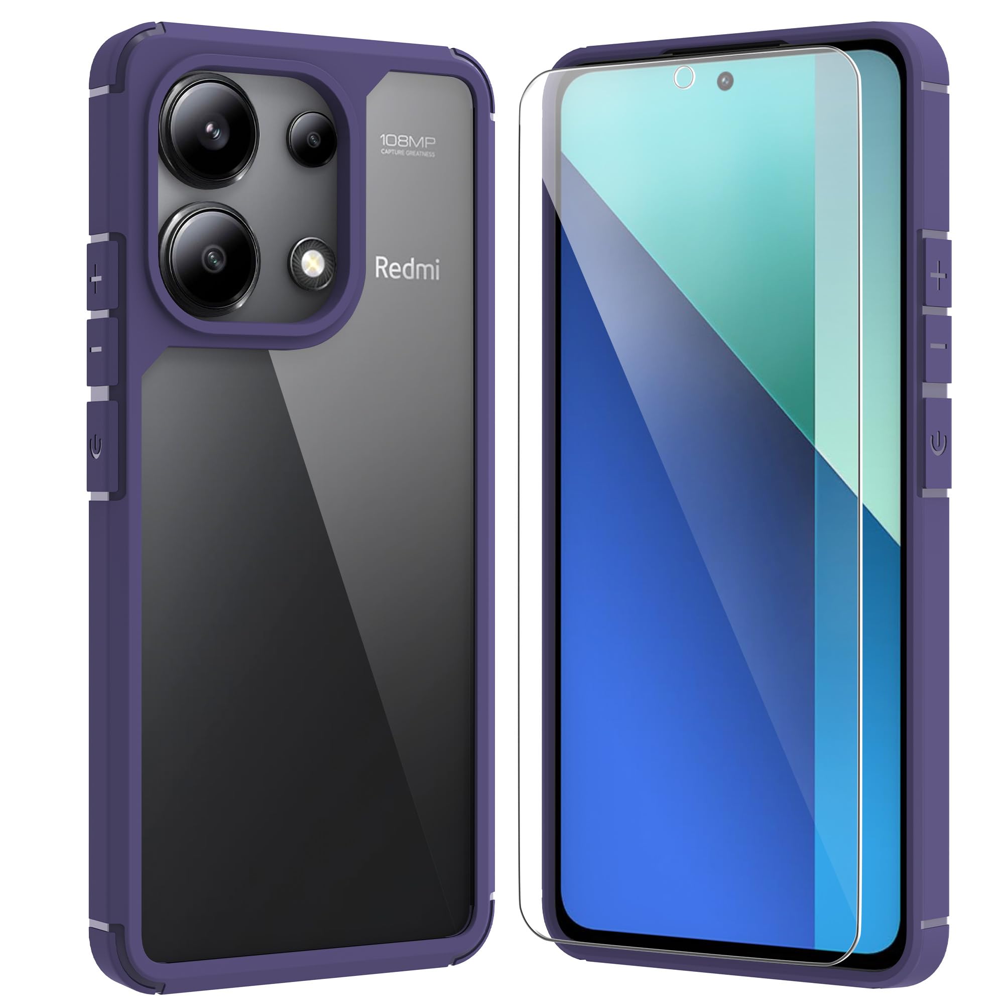 ARRYNN Transparent Case for Xiaomi Redmi Note 13 4G Mobile Phone Case with Screen Protector, Soft Silicone TPU Bumper and Hard Shell PC Back Shockproof Cover Protective Case, Purple