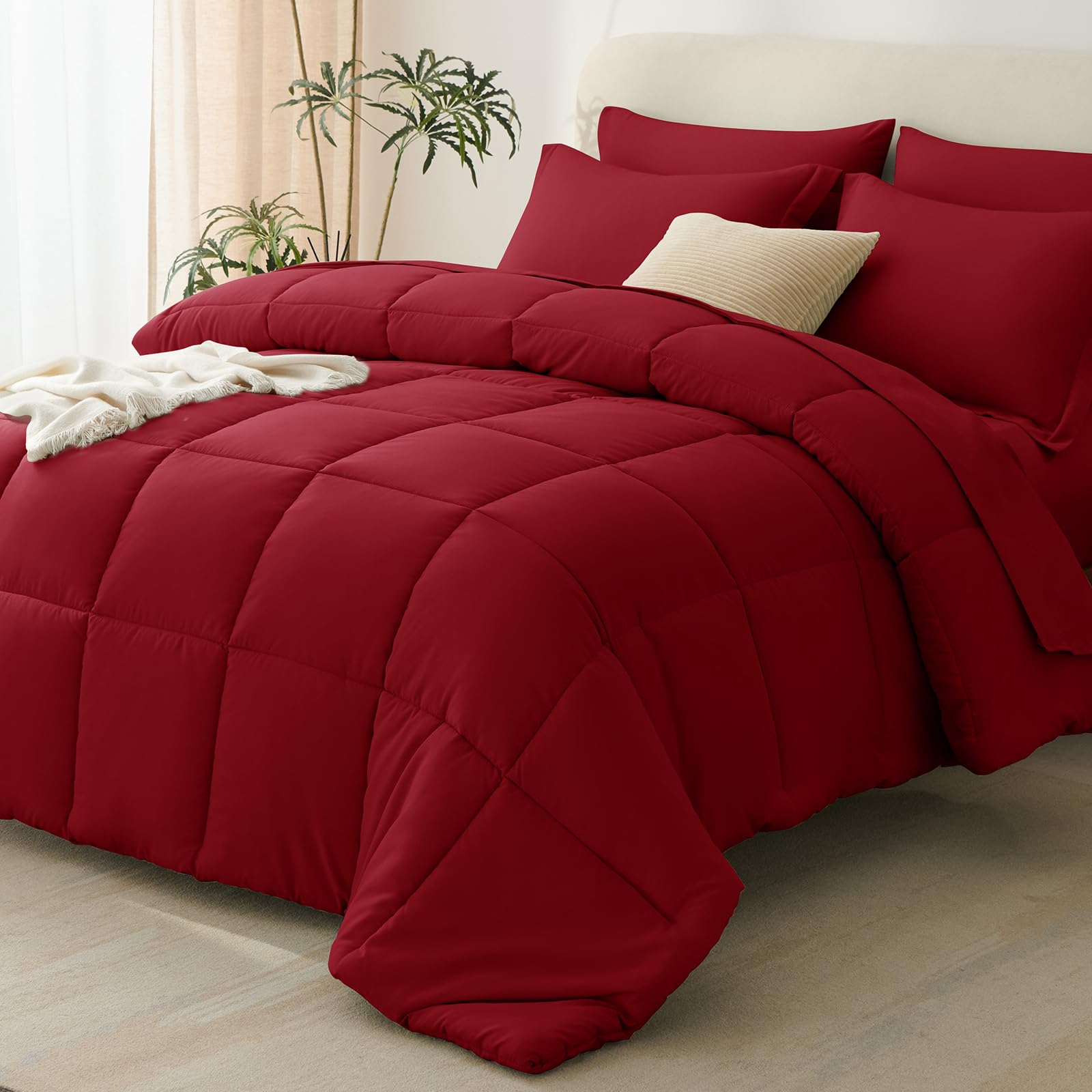 CozyLux Queen Comforter Set Dark Red - 7 Pieces Bed in a Bag Queen, All Season Breathable Bedding Sets, Oeko-Tex Certified Bed Set with Down Alternative Comforter, Sheets, Pillowcases & Pillow Shams Image