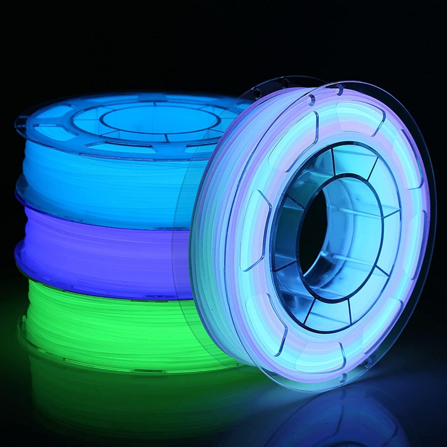 Photo 1 of **PARTIAL SET**AMOLEN Glow in The Dark Multicolor Fast Change 3D Printer Filament 1.75mm, 5 Meter Green, Blue and Blue Purple Bundle, 1.75mm PLA Filament, 3D Glitter Printing Filament 200g X 4 Pack