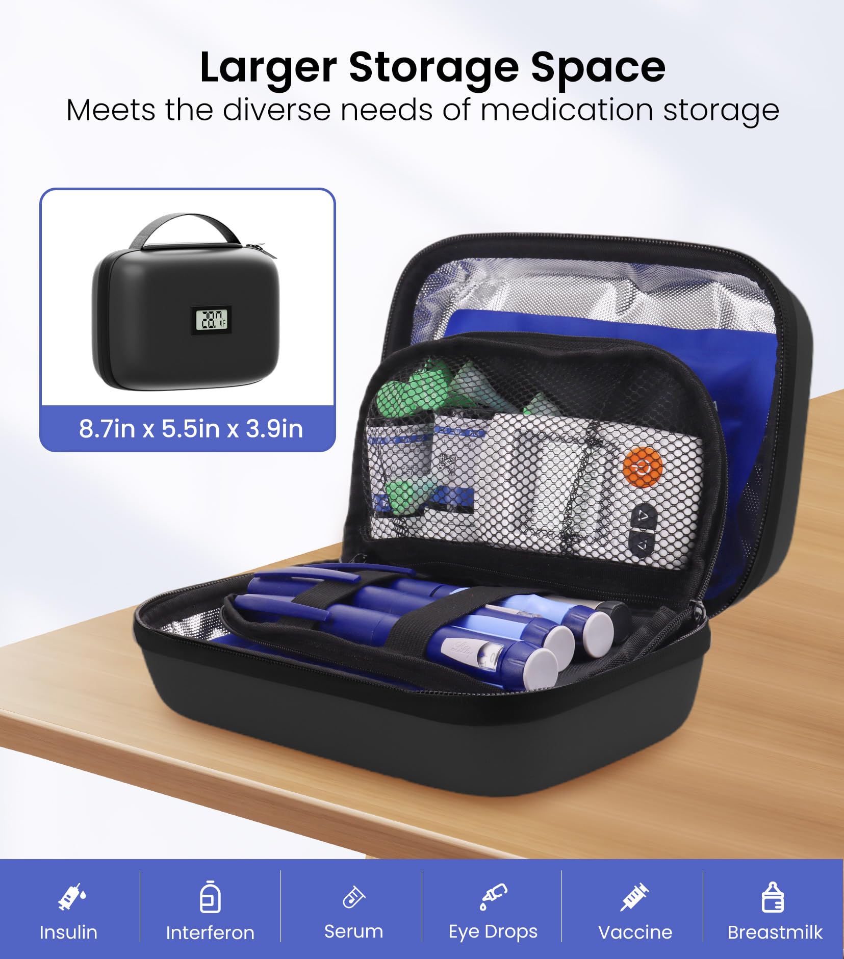 Insulin Cooler Travel Case with Temperature Display, TSA Approved Diabetic Cooling Bag for Insulin Pens and Supplies, Refrigerated Medicine Organizer with 2 Ice Packs