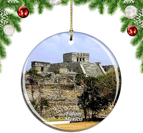Amazon Weekinoメキシコトゥルムマヤ遺跡カンクン Pngクリスマスデコレーションオーナメントクリスマスツリーペンダントデコレーションシティトラベルお土産コレクション磁器2 85インチ ボール おもちゃ