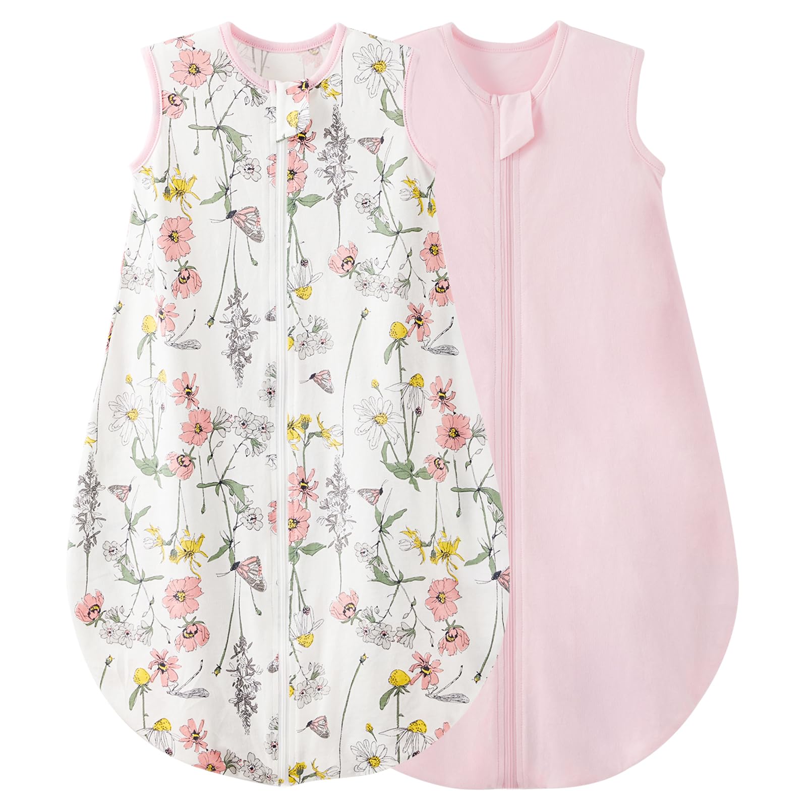 Duomiaomiao Baby Sleeping Bag 2 Pack 0.5 Tog Sleep Sack, Baby Summer Sleeping Bag 100% Cotton Baby Wearable Blanket Unisex Toddler Newborn Sleep Bag 18-36 Months, Flower&Pink