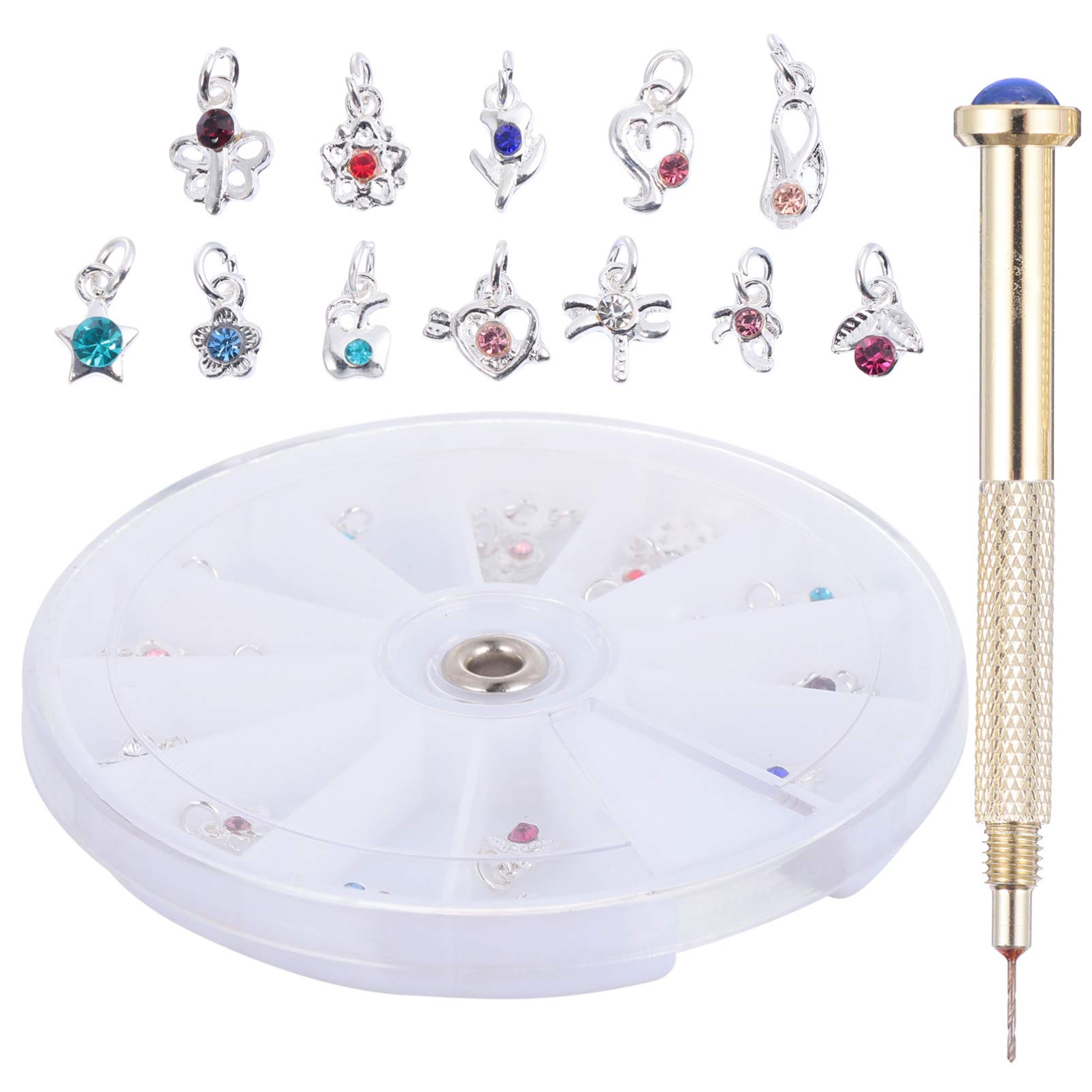 FRCOLOR 24Pcs Nail Jewelry Rings with Manual Nail Art Punch Tool Dangle Nail Art Charms Rhinestone Crystal 3D Nail Art Gems DIY Phone Case Tips