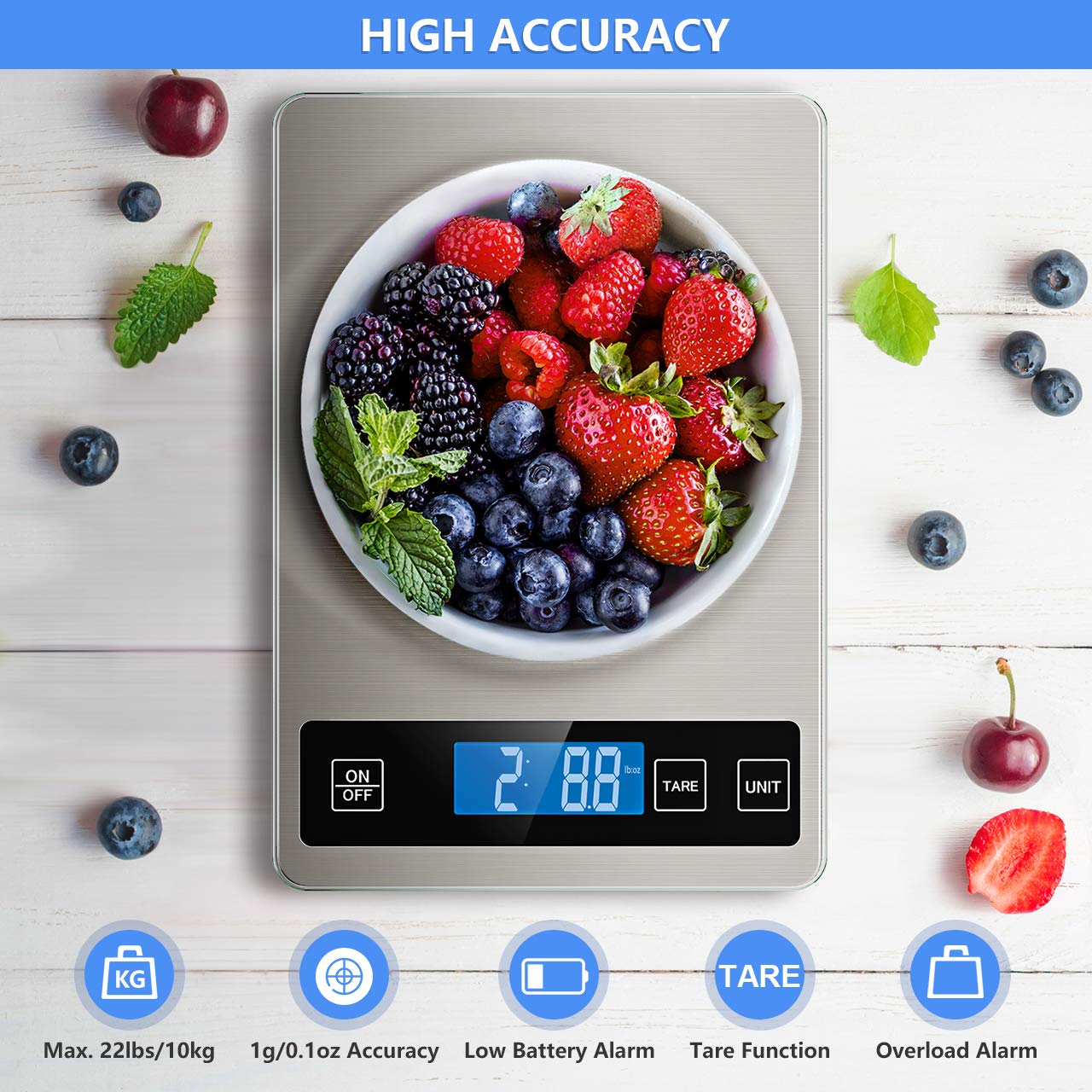 Nicewell Food Scale, 22lb Digital Kitchen Scale Weight Grams and oz for Cooking Baking, 1g/0.1oz Precise Graduation, Stainless Steel and Tempered Glass: Industrial & Scientific