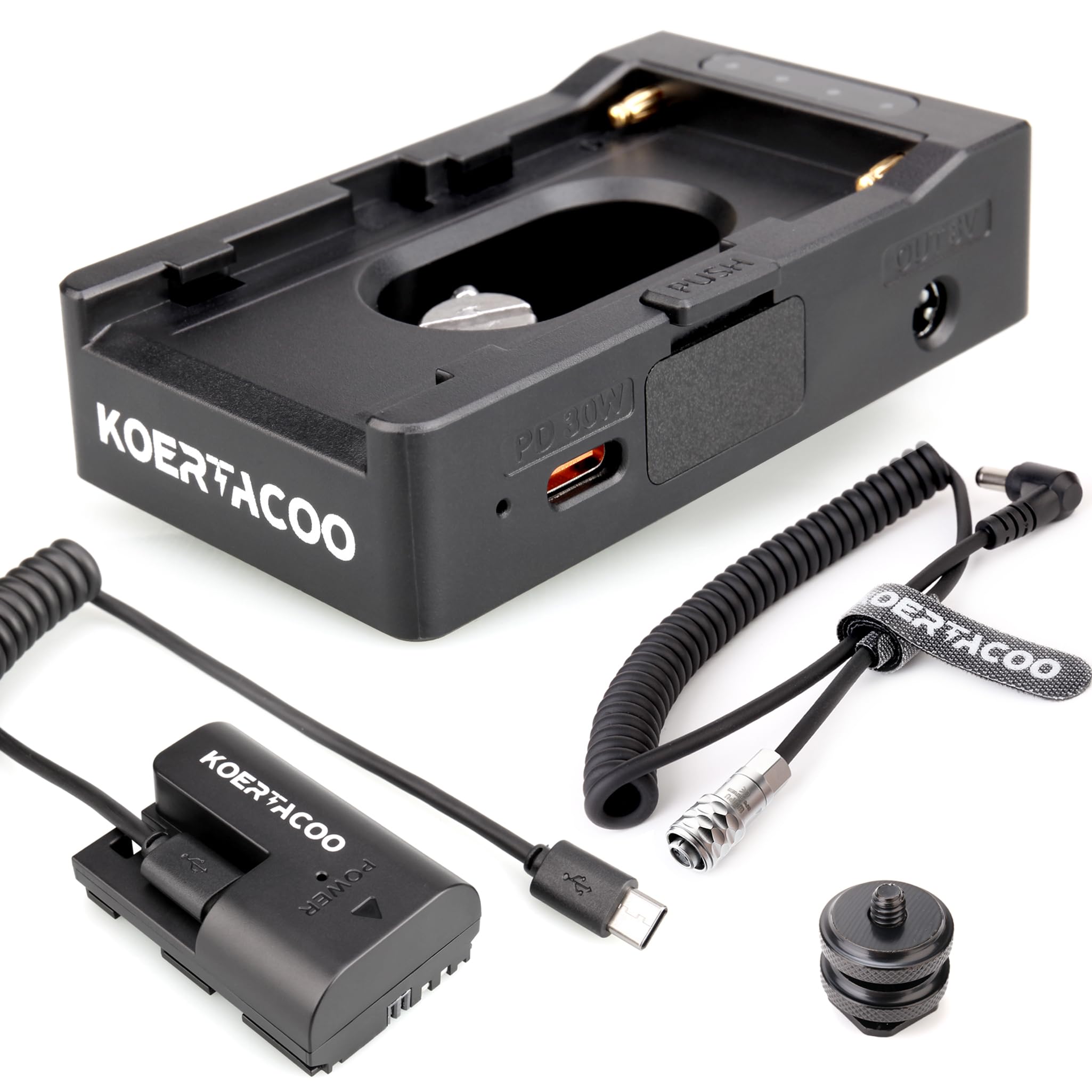 Photo 1 of KOERTACOO NP-F Battery Adapter Plate Compatible with NP-F970 F960 F770 F750 F570 F550 Battery + BMPCC 4K and 6K DC Cable and LP-E6 Dummy Battery to Power Blackmagic Pocket Cinema Camera 4K/6K.