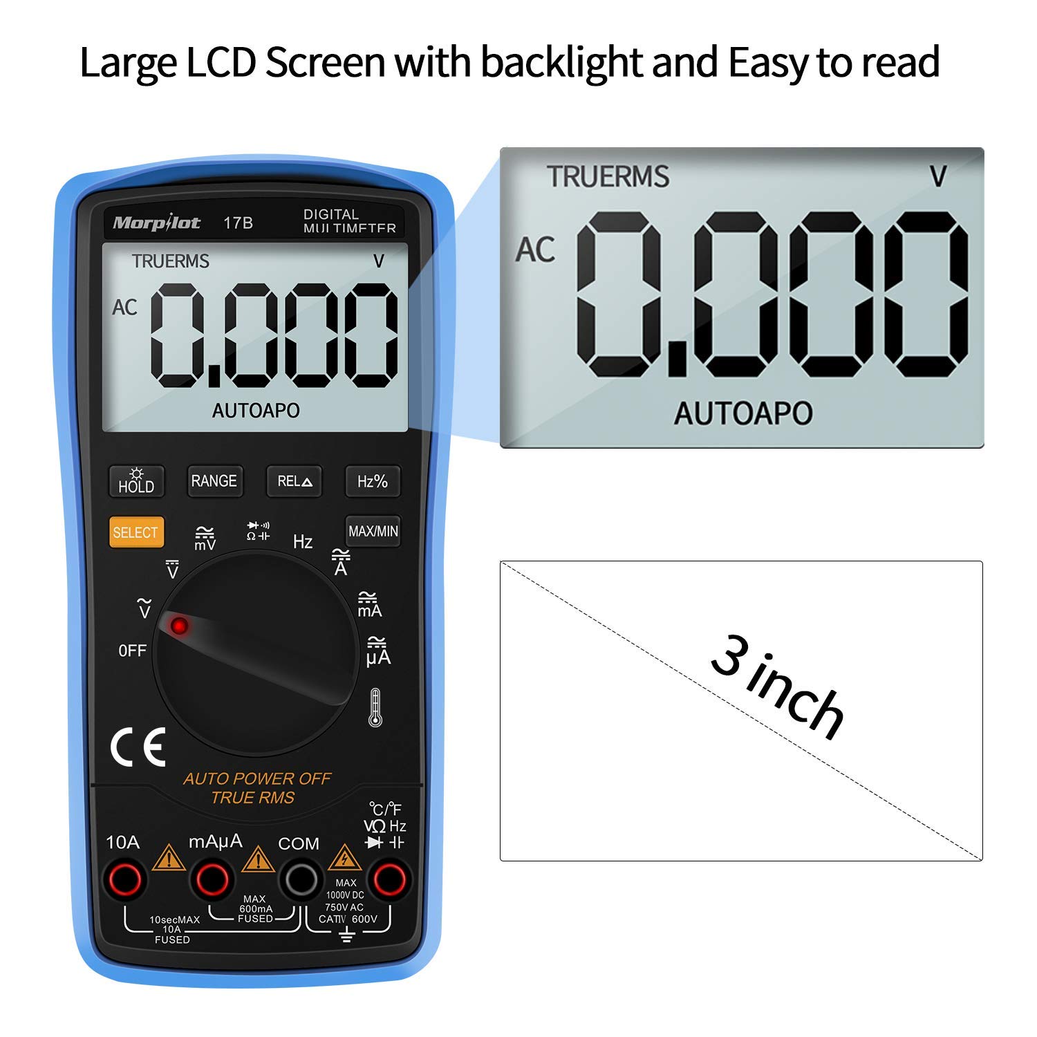 Digital Multimeter, Morpilot Auto-Ranging 6000 Counts DC/AC Voltage & Current, Resistance, Frequency, Continuity, Capacitance, Diode, Temperature, 3.0 Inch Backlight Large LCD Display & Test Leads
