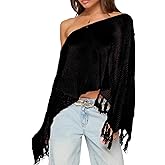 SOLILOQUY Women Sequin Knit Poncho Fringe Hem Off Shoulder See-through Crochet Cape Sheer Shrug Lightweight Beach Cover Ups