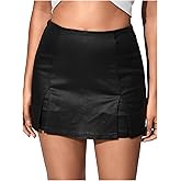WDIRARA Women's PU Leather High Waist Shorts Split Hem Mini Skort Bodycon Skirts