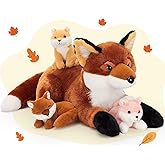 BENINY 4Pcs Fox Stuffed Animal Set, Large Mommy Red Fox Plush 22 Inch with 3 Baby Foxes in Her Zippered Tummy, Christmas Plushie Toy Gift for Girls and Kids