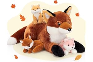 BENINY 4Pcs Fox Stuffed Animal Set, Large Mommy Red Fox Plush 22 Inch with 3 Baby Foxes in Her Zippered Tummy, Christmas Plushie Toy Gift for Girls and Kids
