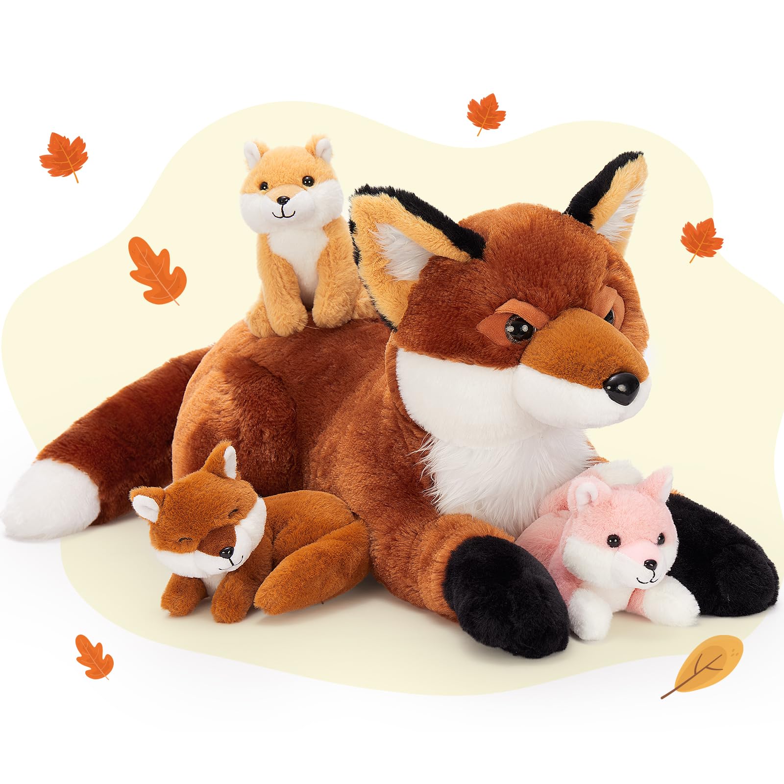 Photo 1 of BENINY 4Pcs Fox Stuffed Animal Set, Large Mommy Red Fox Plush 22 Inch with 3 Baby Foxes in Her Zippered Tummy, Christmas Plushie Toy Gift for Girls and Kids