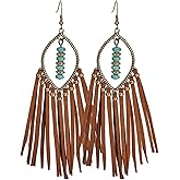 Long Bohemian Fringe Leather Earrrings Handmade Tassel Earrings with Turquoise Christmas Long Dangle Earrings for Women rodeo jewelry