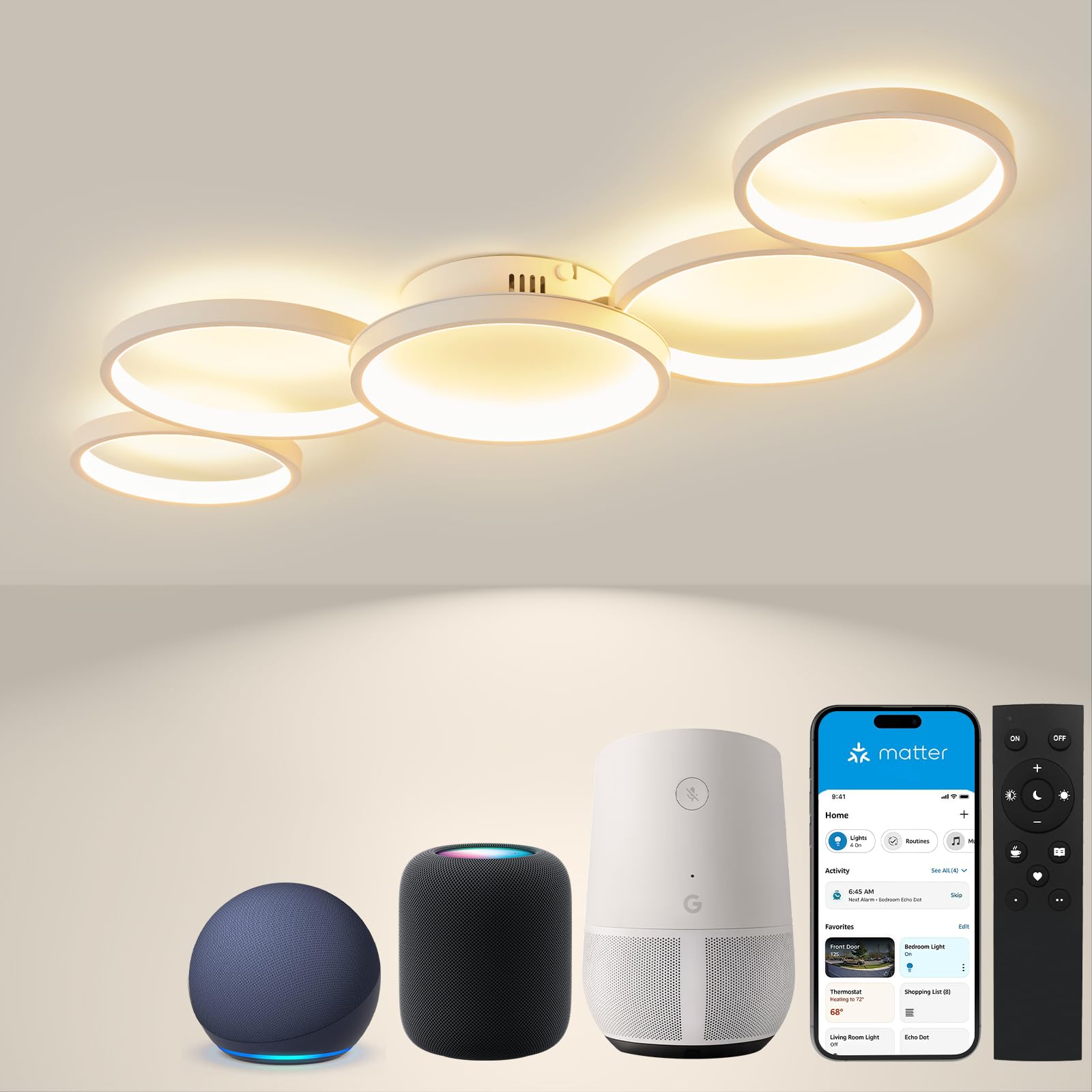 BAYHT Deckenlampe mit Fernbedienung, Wohnzimmerlampe with Matter Kompatibel Mit HomeKit, Alexa, Google and IFTTT, 56W Modern LED Deckenleuchte Für Schlafzimmer Wohnzimmer (100cm, Weiß)
