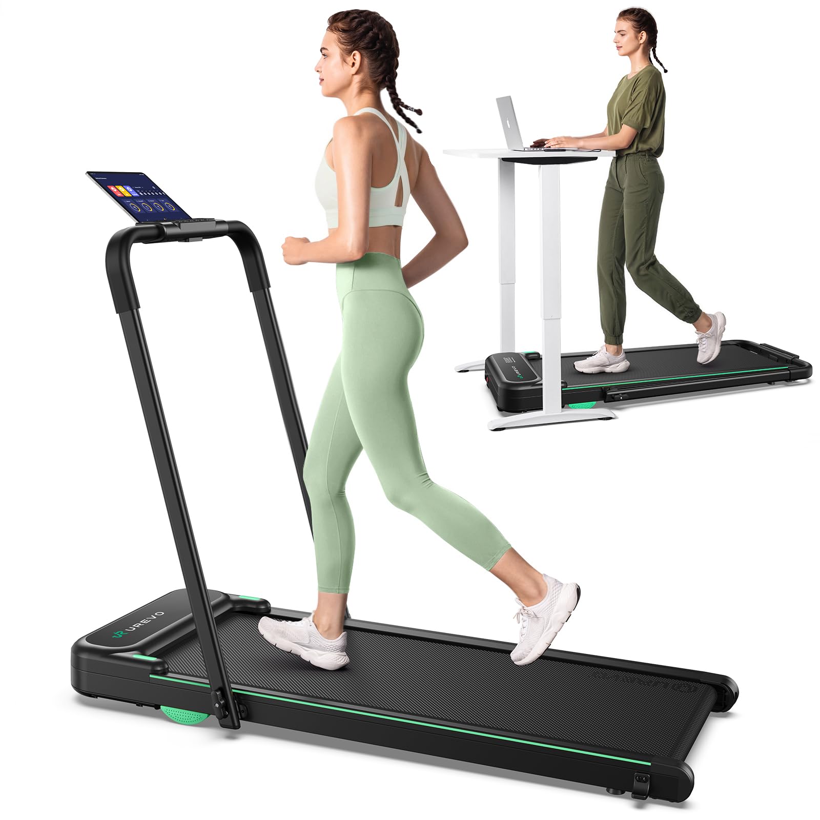 UREVO Strol 2E Smart 2-in-1 Folding Treadmill, Compact Walking Pad with Safety Handle, Plug and Play, Dual LED Display, Workout APP, Walking or Running for Home Office, Remote Included, Flaxen