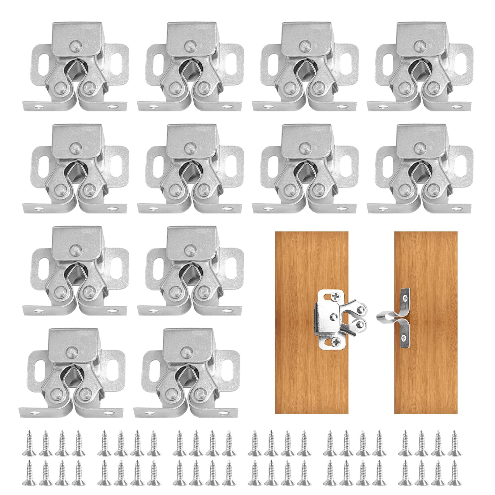 Door Catches, Double Roller Strong Hold Cupboard Roller Catch Cupboard Cabinet Door Door Catches MFCGHXR Door Catches Latches 12 Pcs Push to Open Door Catches with 48 Nails, Double Roller Catch