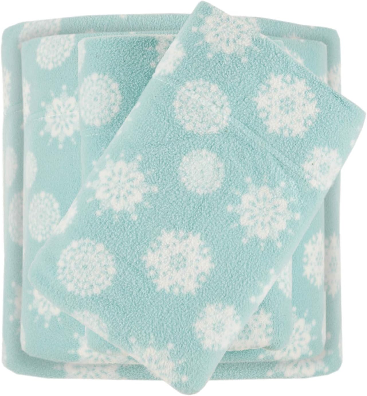 Sleep PhilosophyTrue North Micro Fleece Bed Sheet Set, Warm, Sheets with 14" Deep Pocket, for Cold Season Cozy Sheet-Set, Matching Pillow Case, Twin, Blue Snowflake, 3 Piece