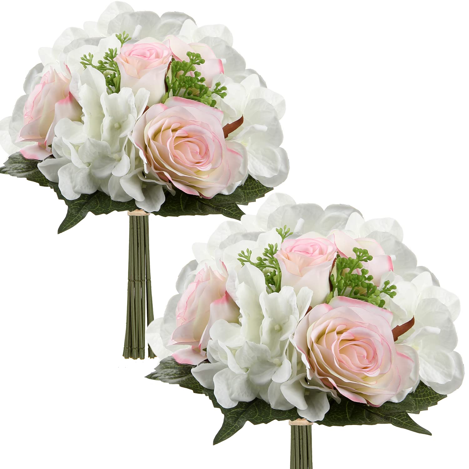 Briful 2 Pack Artificial Roses Hydrangea Flower Bouquet Silk Hydrangea Bouquet Fake Flowers 9 Heads Artificial Flowers Bush for Home Decor Garden Wedding Party Table Centerpieces (Pink)