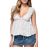Women Y2K Ruffled Hem Shirt Cap Sleeve Deep V Neck Button Front Peplum Tank Top Summer Solid Color Lace Trim Vest
