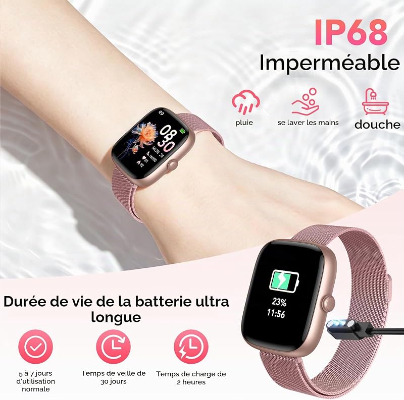 Montre Connectée Femme avec Appel Bluetooth(2 Bracelets),1.83"HD Smartwatch Femme avec Fréquence Cardiaque/Sommeil/SpO2, 120+ Modes Sportifs, IP68 Étanche Fitness Tracker, Montre pour iOS Android Rose — photo 7 sur 8