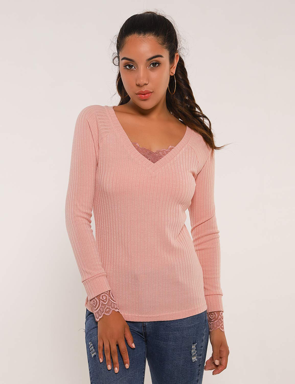 Blooming Jelly Women\'s Casual V Neck Shirt Lace Patchwork Basic Long Sleeve Top Blouse(Pink,XL)