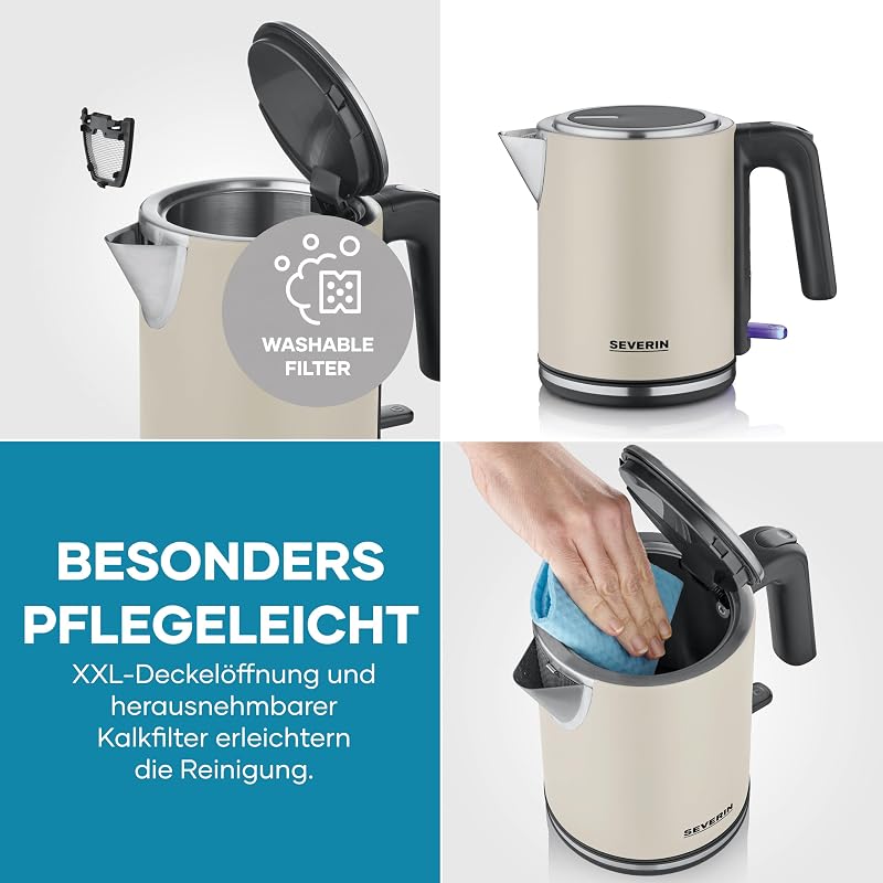elektrischer Wasserkocher, 1L, mit herausnehmbaren Kalkfilter, XXL-Öffnung, Leuchtanzeige, 360°-Basis, Schnelles Aufkochen, 2.400 W, Wasserstandsanzeige, Edelstahl, dusty beige, WK 9577