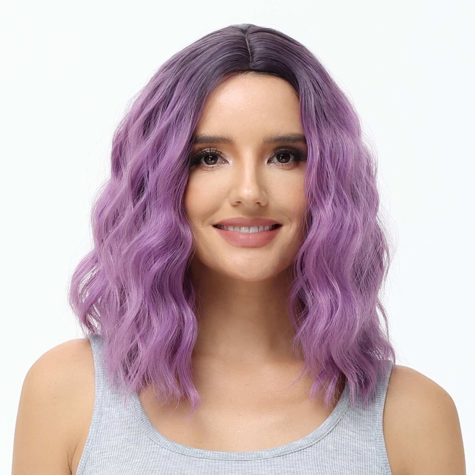 BUYOGET Medium Short Wig Wavy Bob Wig Realistic Natural Lace Front Scalp Adjustable Synthetic Shoulder Length Curly Wigs for Women Ombre Purple — image 1