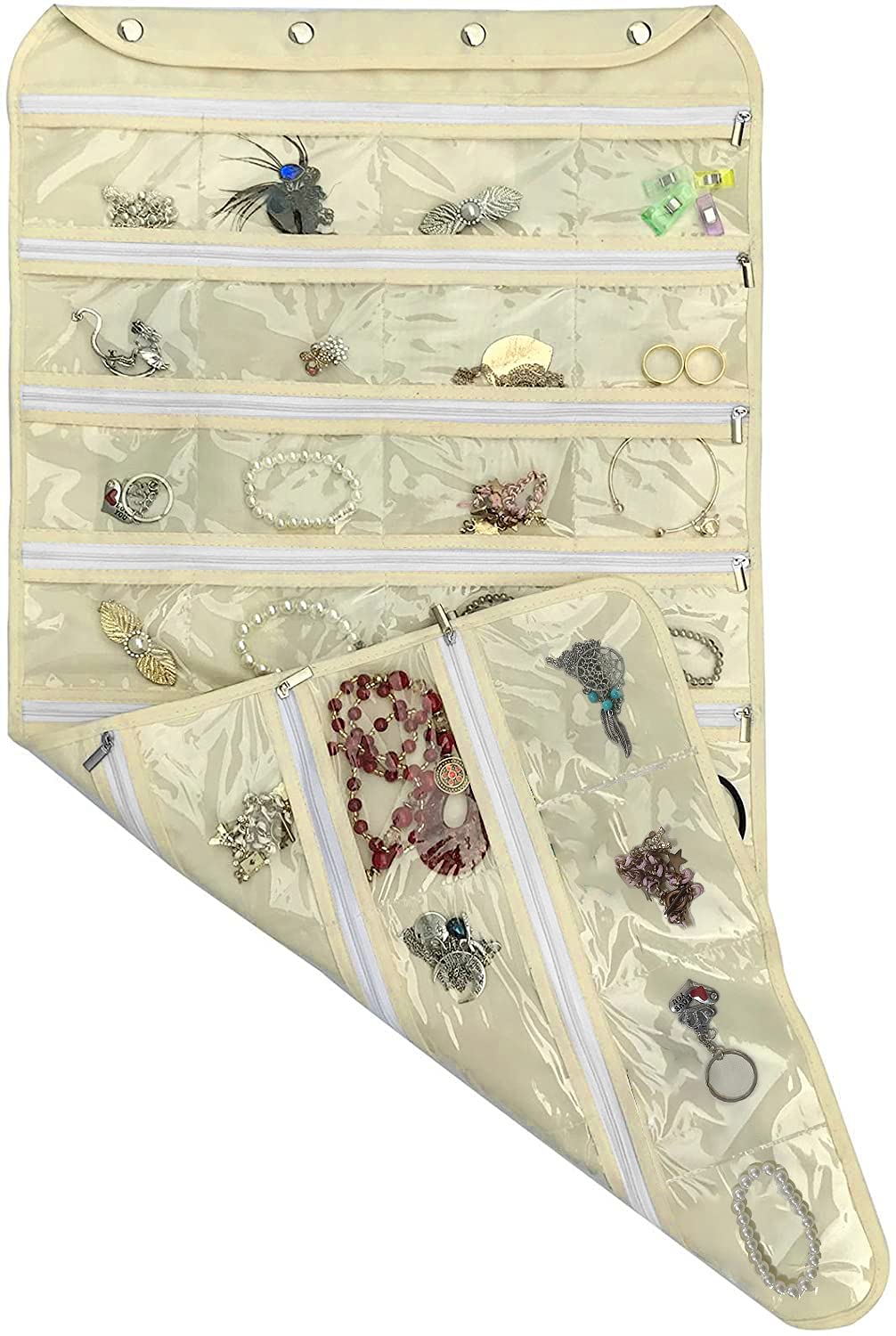 BB Brotrade Hanging Jewelry Organizer,Double Sided Jewelry Storage Organizer with Wooden Hanger,86 Clear PVC Pockets for Holding Necklaces, Bracelets, Rings, Earrings (Beige-3)