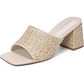 Goderci Raffia Heels Square Open Toe Slip On Mid Heeled Sandals Woven Mule Chunky Heels for Women