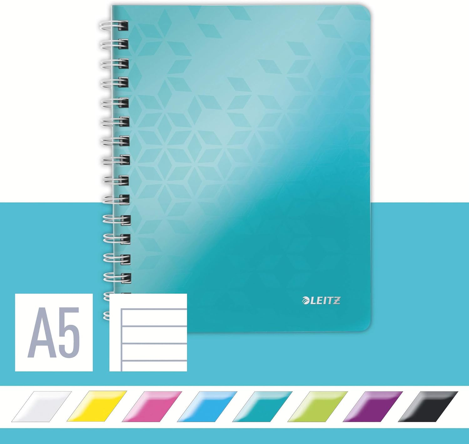 Leitz A5 Flexible Cover Notebook, Ice Blue (Wire Bound, 80 Sheets, Ruled, 90 gsm Ivory Paper, Wow Range), Pack of 1